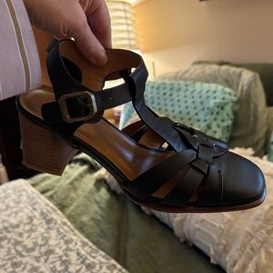 Black leather t-bone strap heels